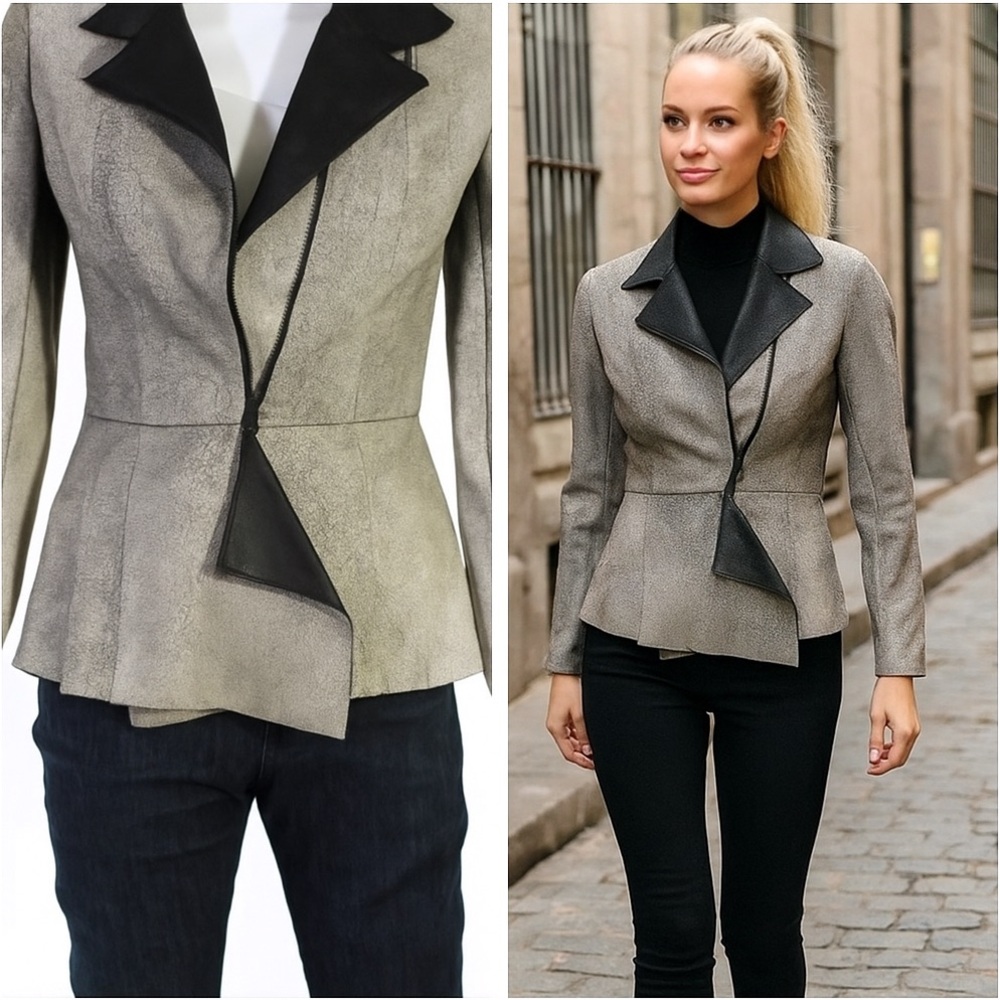 Unique Leather Jacket White / Black Asymmetrical. - image 1